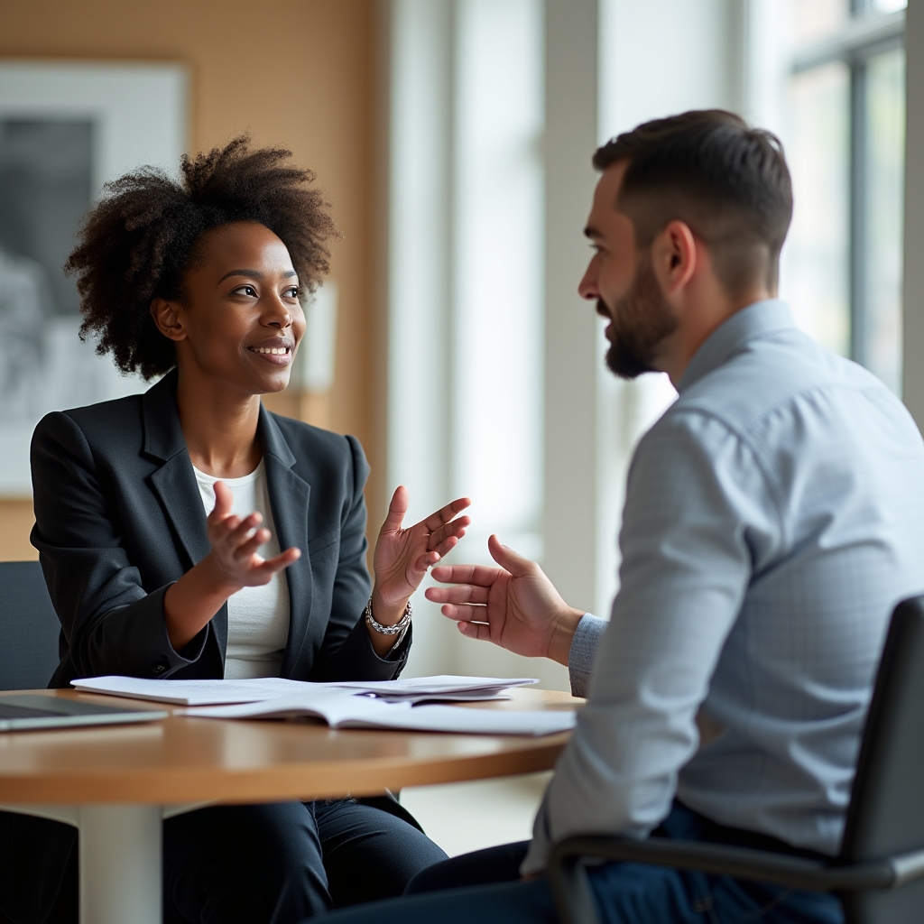 Two consultants discussing franchise operational documents during a meeting