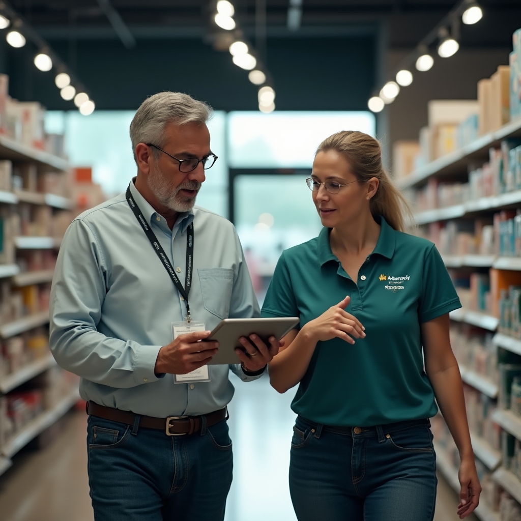 Regional field consultant walking through a retail location with a manager during a site visit