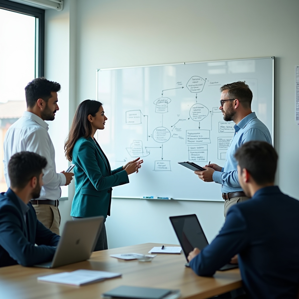 Trainer explaining a franchise operations manual to two colleagues at a whiteboard