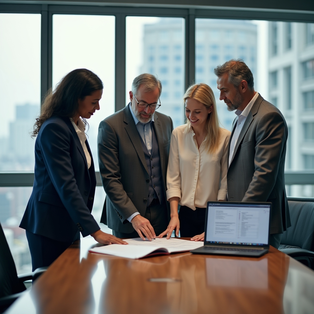 Consultants reviewing franchise operations documentation around a conference table with a city view