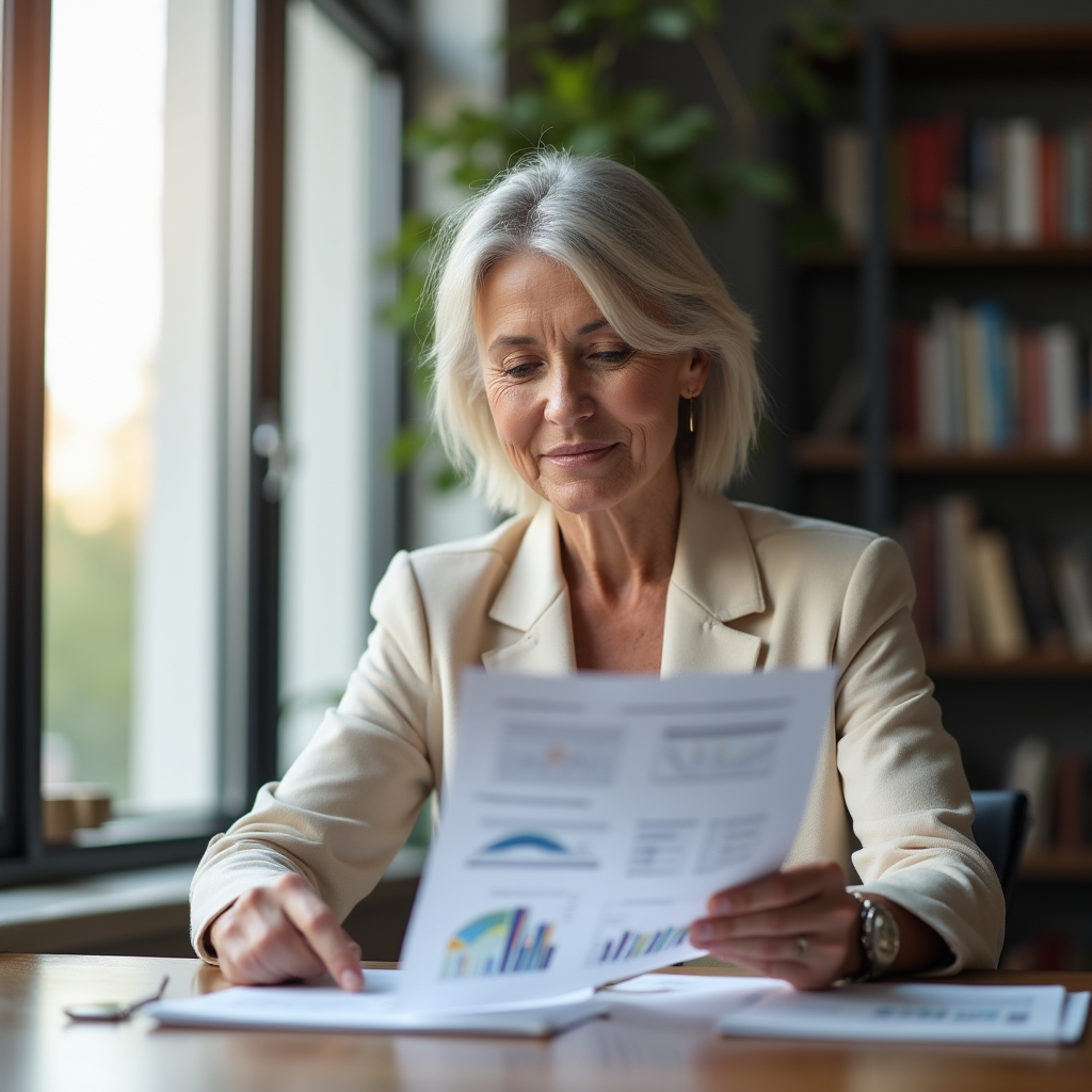 Person reading a printed franchise operations report at a desk near a large window