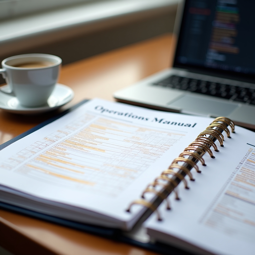 Operations manual binder open on a desk beside a laptop showing checklist software