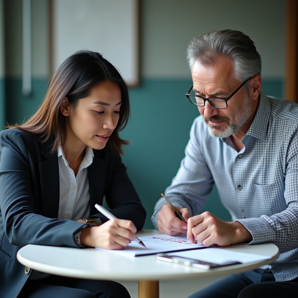 Two consultants comparing an operational checklist against notes during a compliance review meeting
