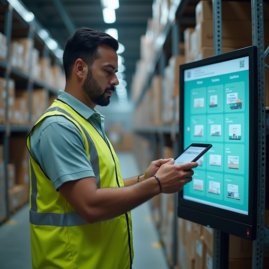 Logistics coordinator reviewing supplier delivery schedules on a tablet in a warehouse office