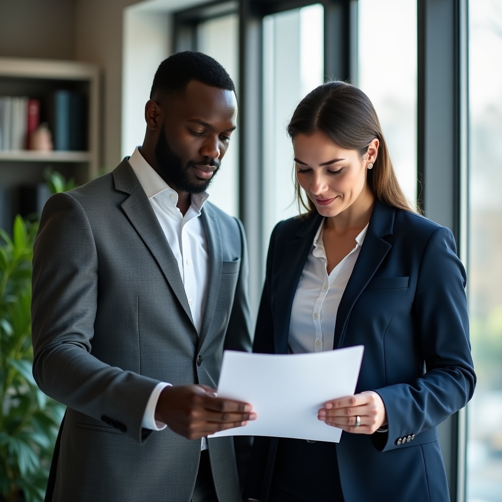 Two operations consultants reviewing a franchise standards document together at a conference table